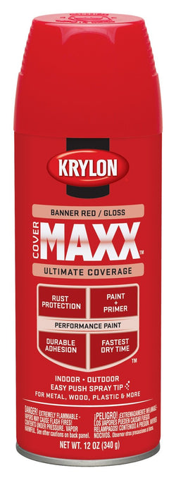 Krylon K09104000 COVERMAXX Spray Paint, Gloss Banner Red, 12 Ounce