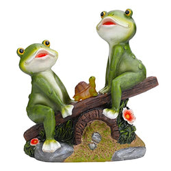 Statues Frog and Turtle Figurine Play on Seesaw with Solar Light Lawn Ornament Decoration