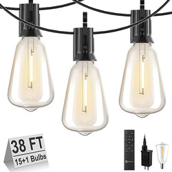 Brightown Outdoor String Lights with Remote, 38FT LED Patio Lights with 16 Shatterproof ST38 LED Bulbs