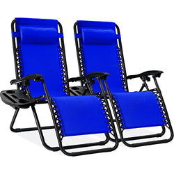 BCProducts Set of 2 Adjustable Steel Mesh Zero Gravity Lounge Chair Recliners w/Pillows and Cup Holder Trays — Cobalt Blue