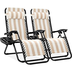 BCProducts Set of 2 Adjustable Steel Mesh Zero Gravity Lounge Chair Recliners w/Pillows and Cup Holder Trays — Tan Striped