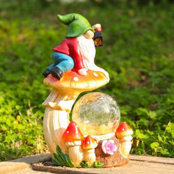 Garden Statues Gnome Climb on Mushroom with Globe Solar Light