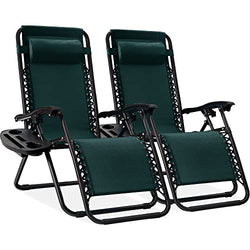 BCProducts Set of 2 Adjustable Steel Mesh Zero Gravity Lounge Chair Recliners w/Pillows and Cup Holder Trays — Forest Green
