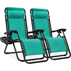 BCProducts Set of 2 Adjustable Steel Mesh Zero Gravity Lounge Chair Recliners w/Pillows and Cup Holder Trays — Mint