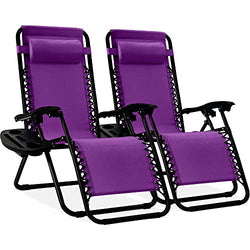 BCProducts Set of 2 Adjustable Steel Mesh Zero Gravity Lounge Chair Recliners w/Pillows and Cup Holder Trays — Amethyst Purple
