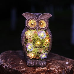 Solar Garden Statues Owl Figurine with Succulent and LED Lights