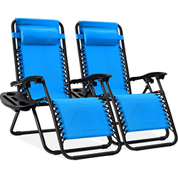 BCProducts Set of 2 Adjustable Steel Mesh Zero Gravity Lounge Chair Recliners w/Pillows and Cup Holder Trays — Light Blue