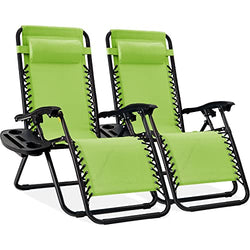 BCProducts Set of 2 Adjustable Steel Mesh Zero Gravity Lounge Chair Recliners w/Pillows and Cup Holder Trays — Lime Green
