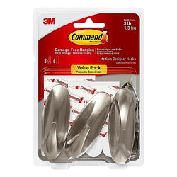 Command Designer Hooks, Medium, Brushed Nickel, 3-Hooks