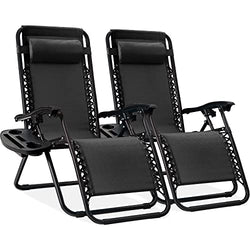 BCProducts Set of 2 Adjustable Steel Mesh Zero Gravity Lounge Chair Recliners w/Pillows and Cup Holder Trays — Black
