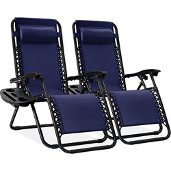 BCProducts Set of 2 Adjustable Steel Mesh Zero Gravity Lounge Chair Recliners w/Pillows and Cup Holder Trays — Blue