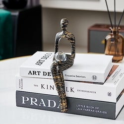 AWNR Thinker Statue Abstract Sculpture with Black Text Printing Pattern