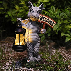 Large Dragon Garden Sculptures Holding Welcome Sign and Solar Lantern
