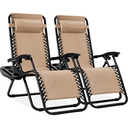 BCProducts Set of 2 Adjustable Steel Mesh Zero Gravity Lounge Chair Recliners w/Pillows and Cup Holder Trays — Sand