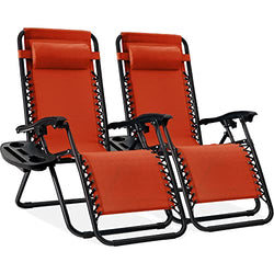 BCProducts Set of 2 Adjustable Steel Mesh Zero Gravity Lounge Chair Recliners w/Pillows and Cup Holder Trays — Burnt Orange