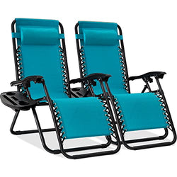 BCProducts Set of 2 Adjustable Steel Mesh Zero Gravity Lounge Chair Recliners w/Pillows and Cup Holder Trays — Peacock Blue