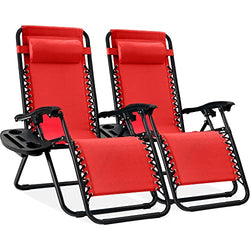 BCProducts Set of 2 Adjustable Steel Mesh Zero Gravity Lounge Chair Recliners w/Pillows and Cup Holder Trays — Crimson Red