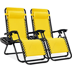BCProducts Set of 2 Adjustable Steel Mesh Zero Gravity Lounge Chair Recliners w/Pillows and Cup Holder Trays — Sunflower Yellow