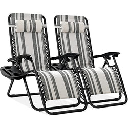 BCProducts Set of 2 Adjustable Steel Mesh Zero Gravity Lounge Chair Recliners w/Pillows and Cup Holder Trays — Gray Stripes
