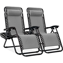 BCProducts Set of 2 Adjustable Steel Mesh Zero Gravity Lounge Chair Recliners w/Pillows and Cup Holder Trays — Ice Gray