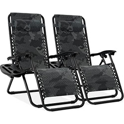 BCProducts Set of 2 Adjustable Steel Mesh Zero Gravity Lounge Chair Recliners w/Pillows and Cup Holder Trays — Camouflage