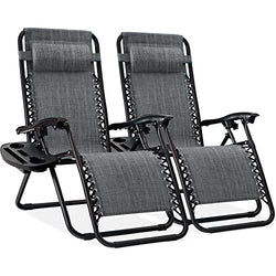 BCProducts Set of 2 Adjustable Steel Mesh Zero Gravity Lounge Chair Recliners w/Pillows and Cup Holder Trays — Grey