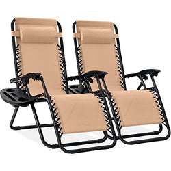 BCProducts Set of 2 Adjustable Steel Mesh Zero Gravity Lounge Chair Recliners w/Pillows and Cup Holder Trays — Beige