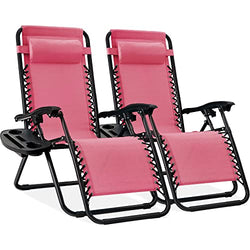 BCProducts Set of 2 Adjustable Steel Mesh Zero Gravity Lounge Chair Recliners w/Pillows and Cup Holder Trays — Pink