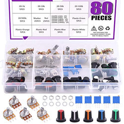 Swpeet 80Pcs 1K-500K Ohm Potentiometer Assortment Kit with 1Kohm -100Kohm Multiturn Trimmer, Knurled Shaft 3 Terminals Single Linear HighPrecision Variable Resistor with Nuts and Washers