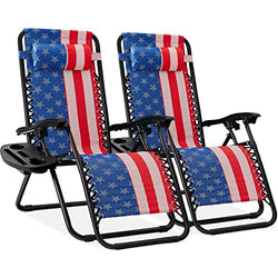 BCProducts Set of 2 Adjustable Steel Mesh Zero Gravity Lounge Chair Recliners w/Pillows and Cup Holder Trays — American Flag